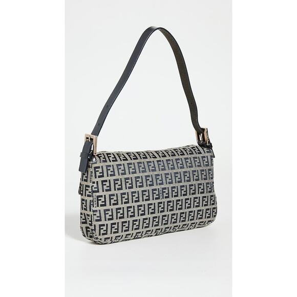 Fendi Zucchino Canvas & Leather Baguette Shoulder Handbag Light Gray/Navy Blue - Picture 4 of 16